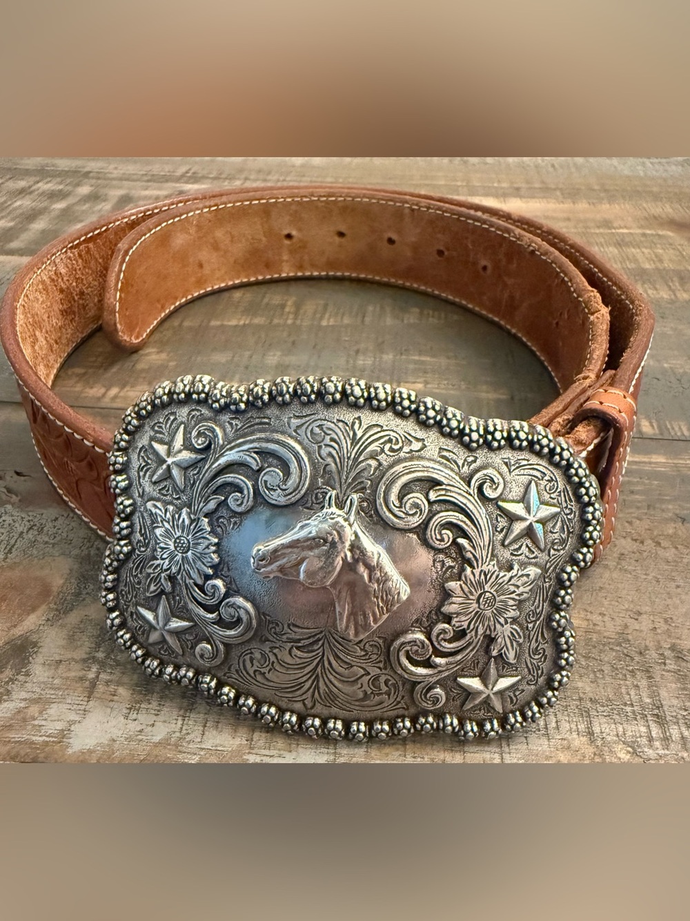 Nocona Silver-Tone Buckle with Tan Leather Strap
